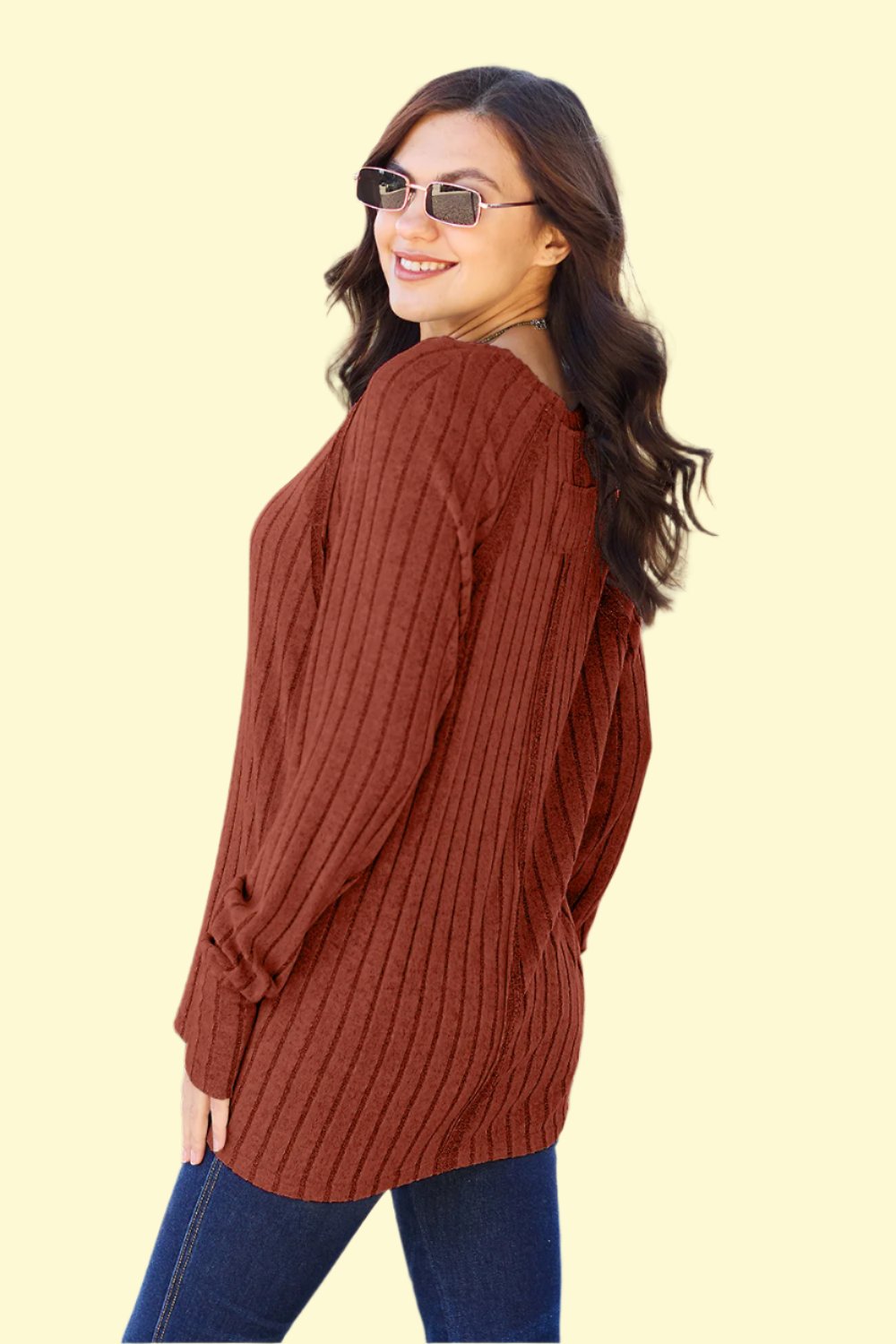 Side view of Knit Top in Rust Color 