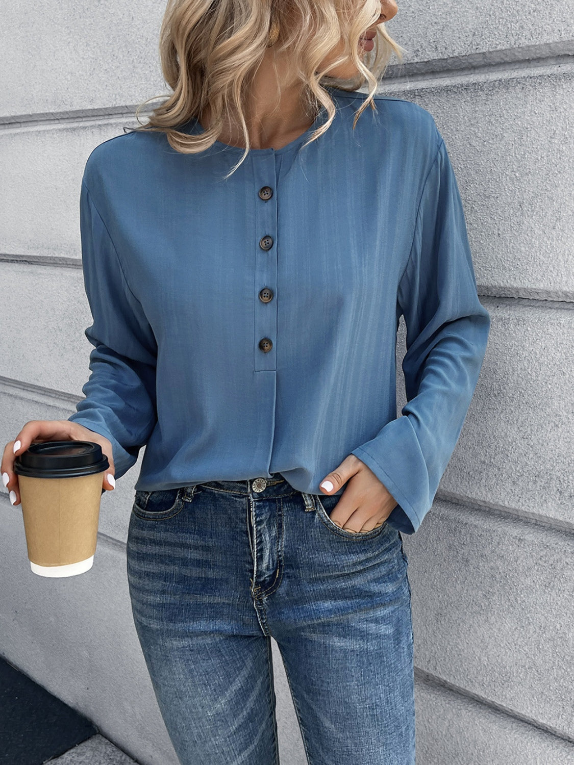 Half Button Long Sleeve Blouse