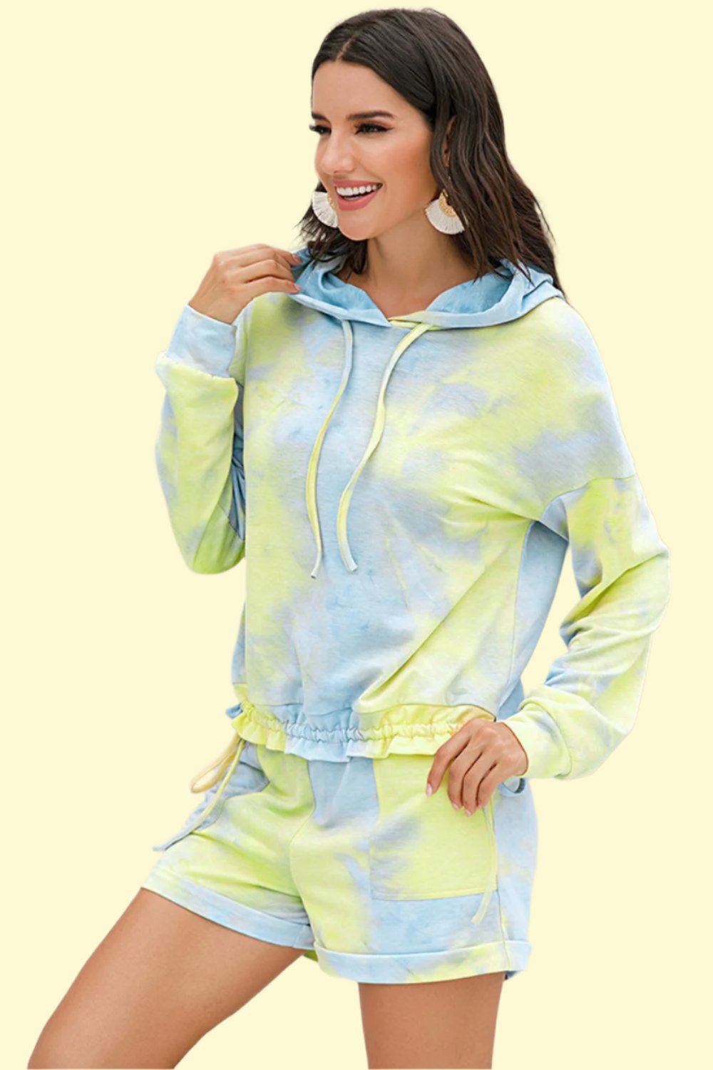 Tie-Dye Drawstring Hoodie and Shorts Set