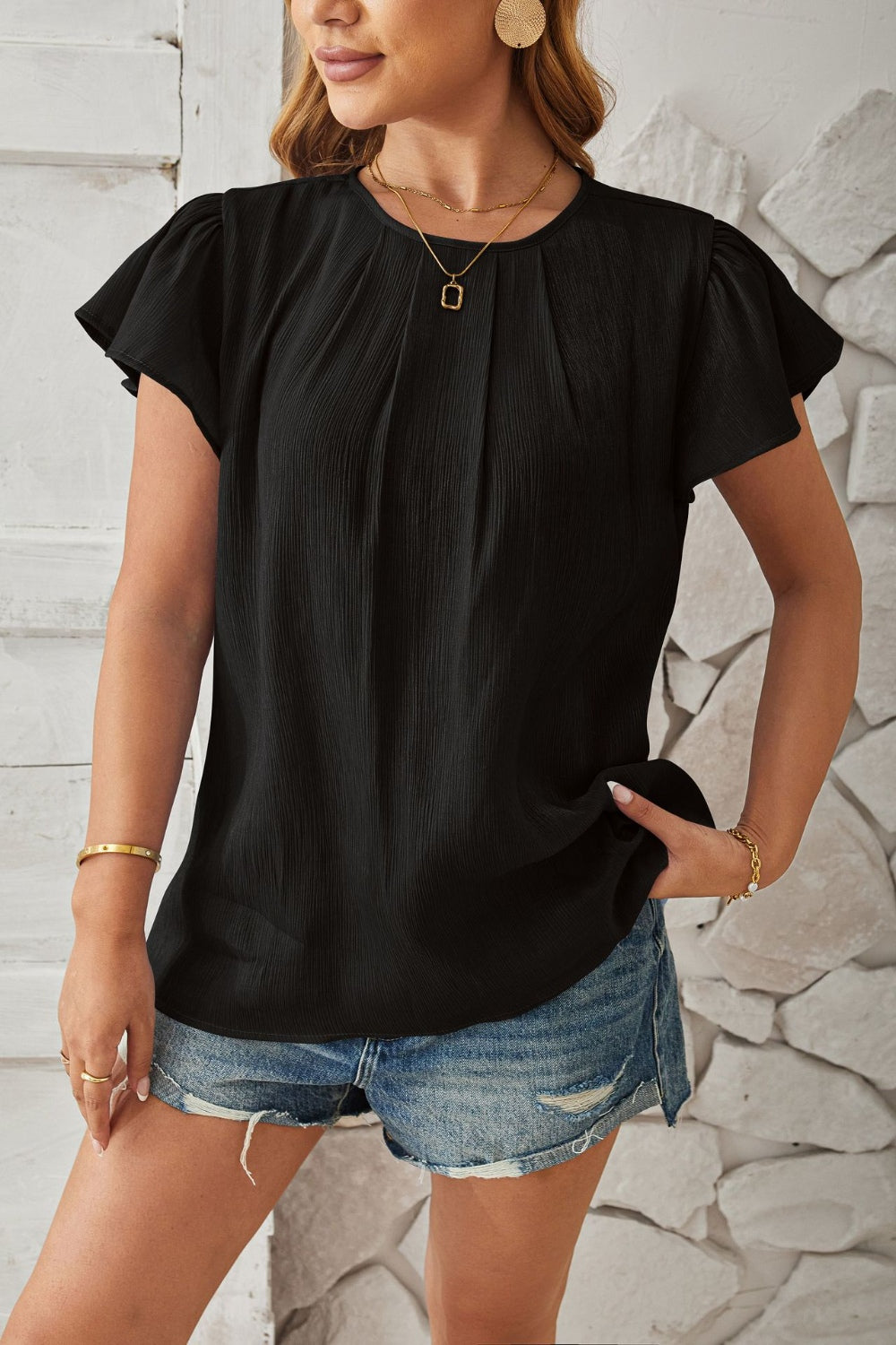 Round Neck Keyhole Cap Sleeve T-Shirt