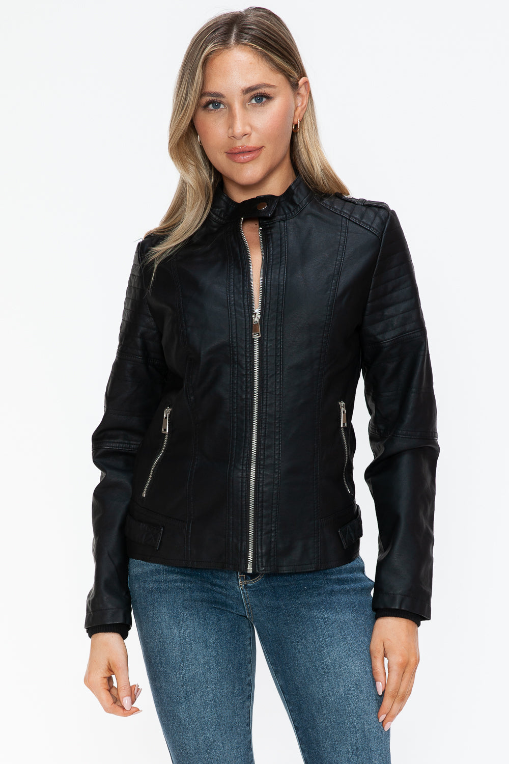 Snobbish PU Leather Biker Jacket with Side Zip Pockets