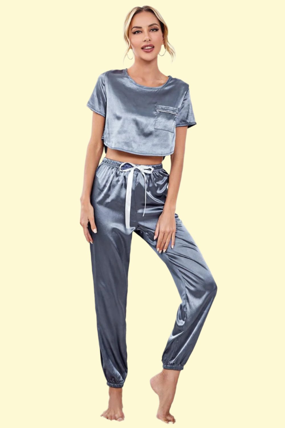 Satin Short Sleeve Crop Top and Joggers Lounge Set