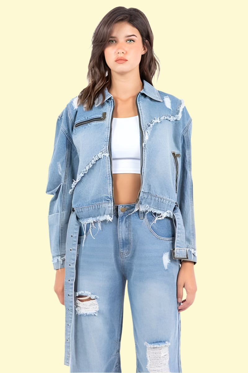 Light blue distressed denim jacket for women