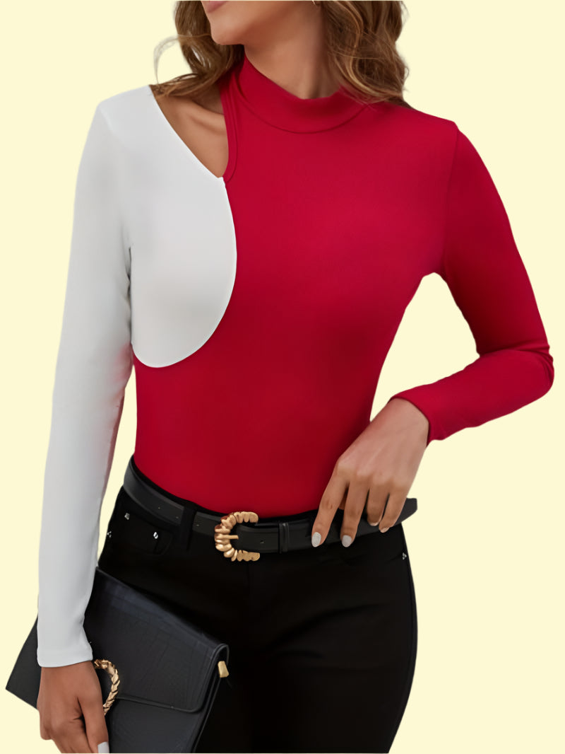 red contrast mock neck long sleeve top